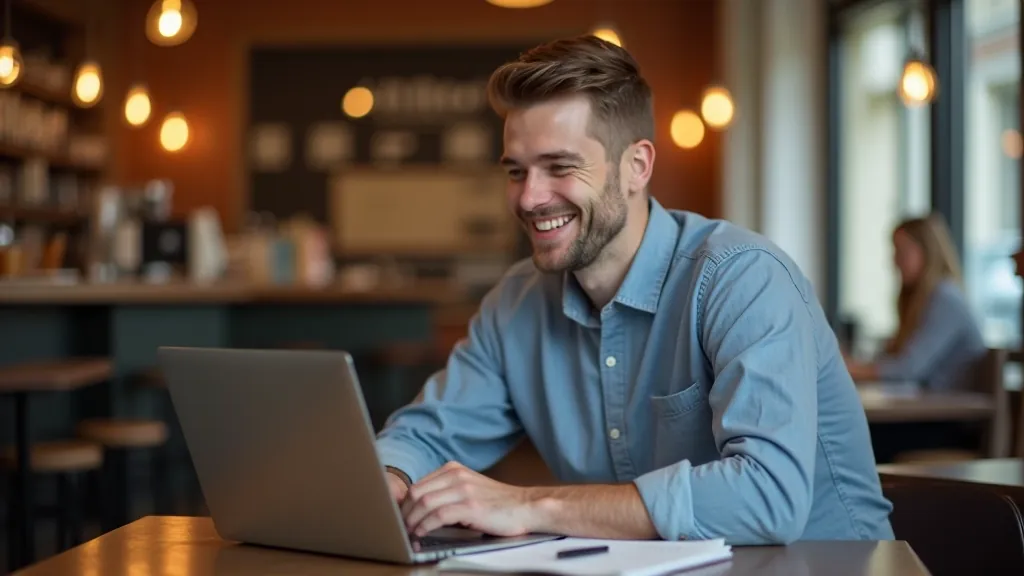 Person smiling while writing casually at coffee shop with relaxed posture