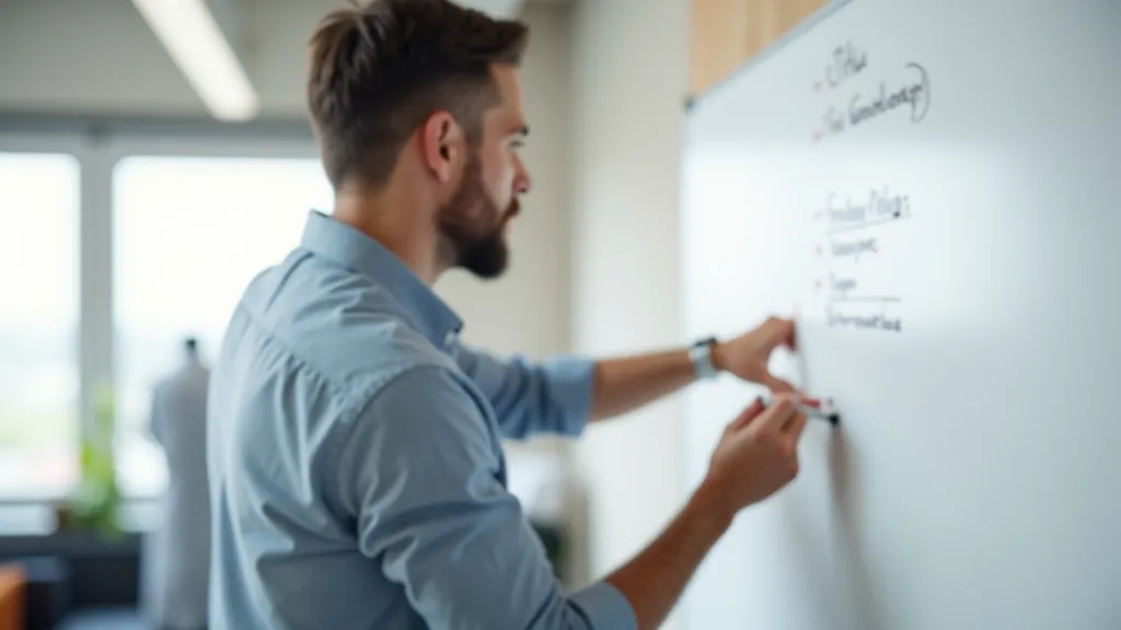 Marketing strategist writing goals and strategy framework on whiteboard during planning session