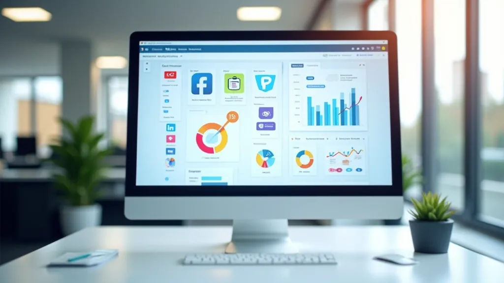 Digital marketing channels displayed on computer monitor showing social media icons and analytics dashboard