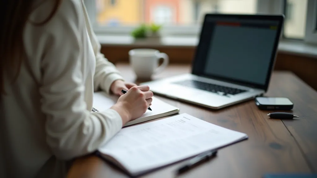 Content creator writing in notebook at desk surrounded by inspiration and planning materials