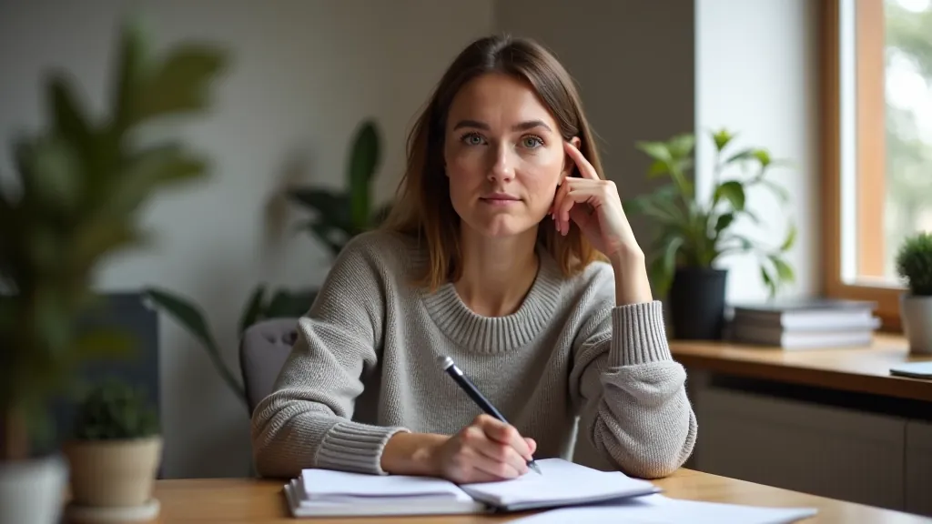 Writer at desk thinking, with audience profile notes and customer research on table