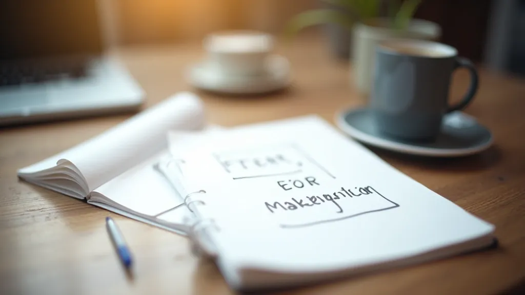 Workspace with notebook, pen, and laptop showing content planning process